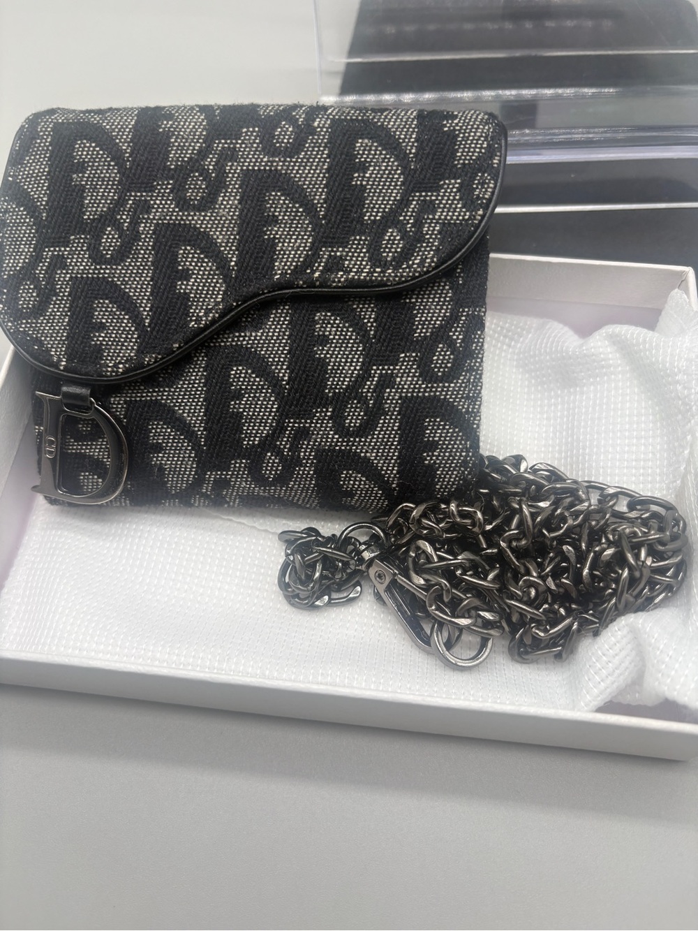 Dior Black & Gray Jacquard Saddle Card Case with after market Chain